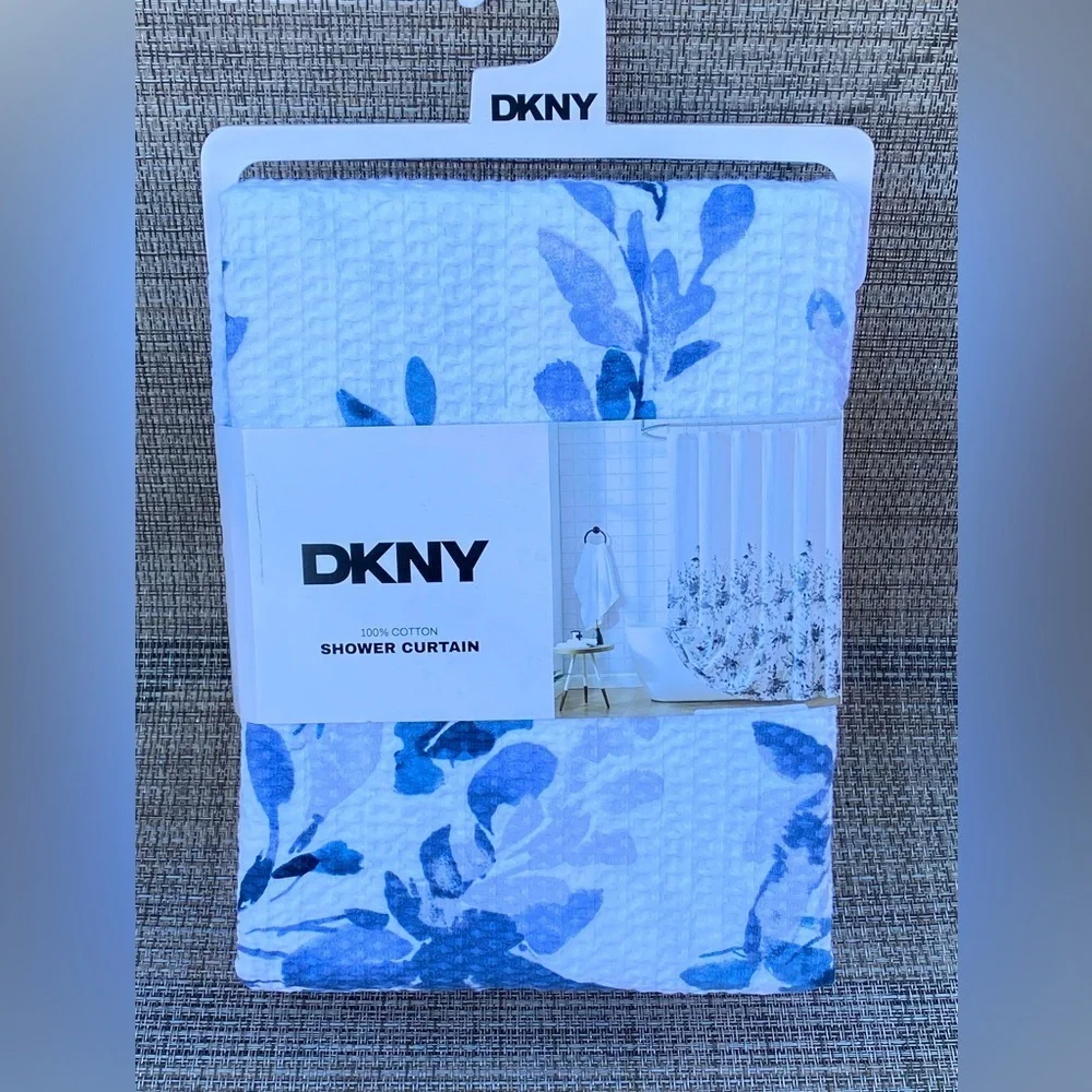 DKNY Floral Silhouette Waffle White Blue Cotton Fabric Shower Curtain 72